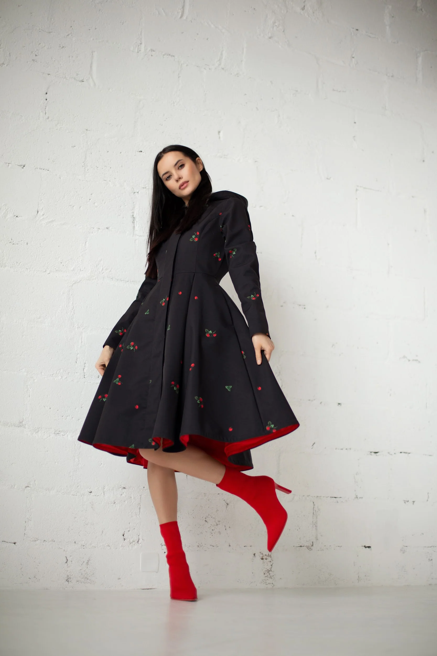 Fit and Flare Black Coat with Pleated Skirt and Strawberry Print | Wild Strawberry - Image 4