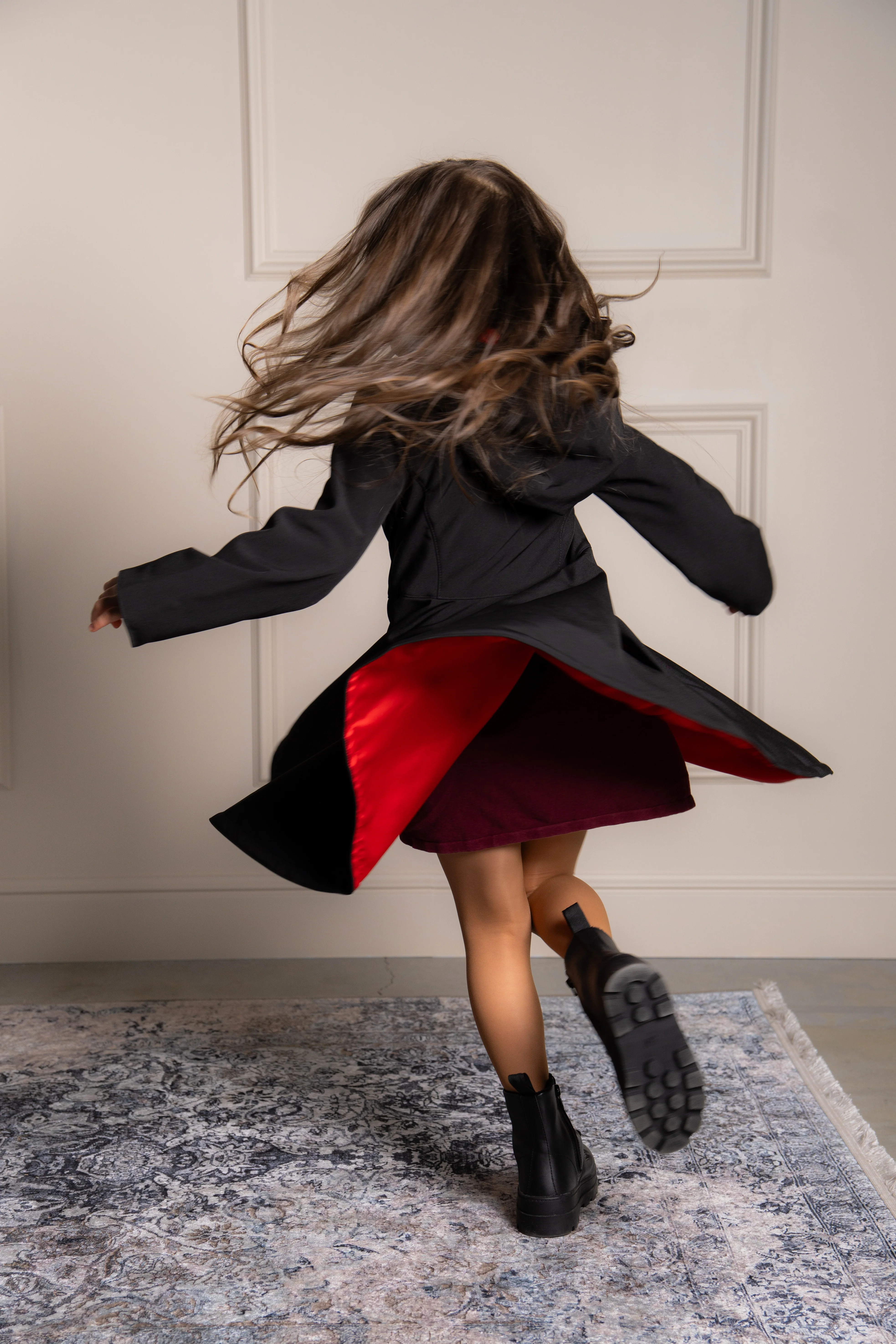 Black Girl's Coat with Bright Red Lining | Raven Red - Image 8