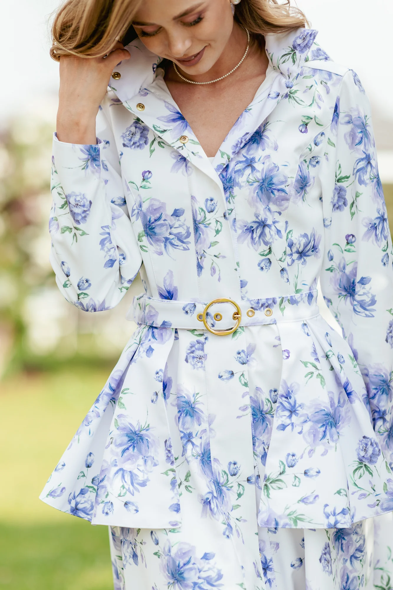 Buckle Belt with Peplum Detail in White with Blue Flower print | Floral White - Image 3