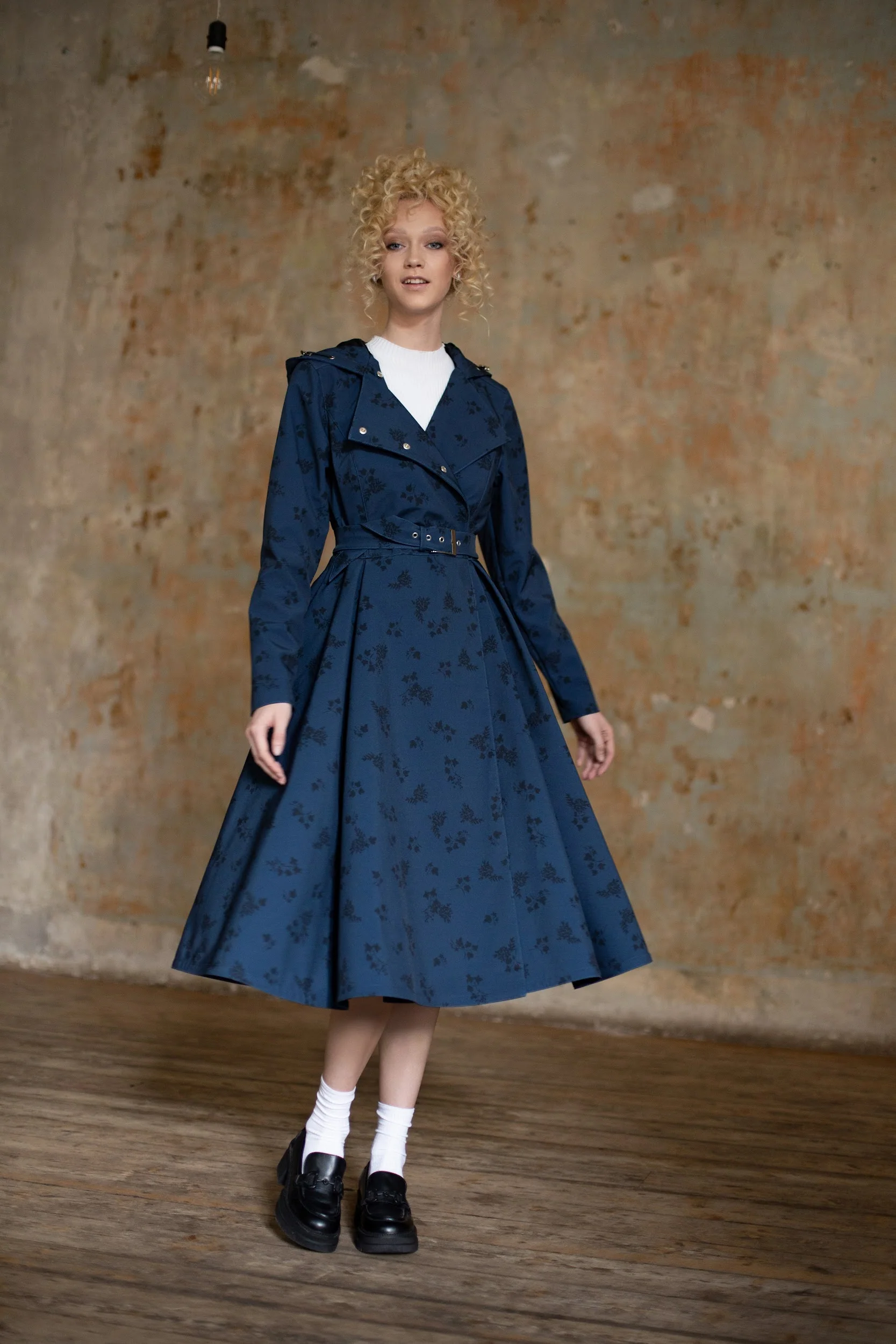 Double Breasted Trench Coat in Dark Blue with Black Floral Print | Blue Frost - Image 5