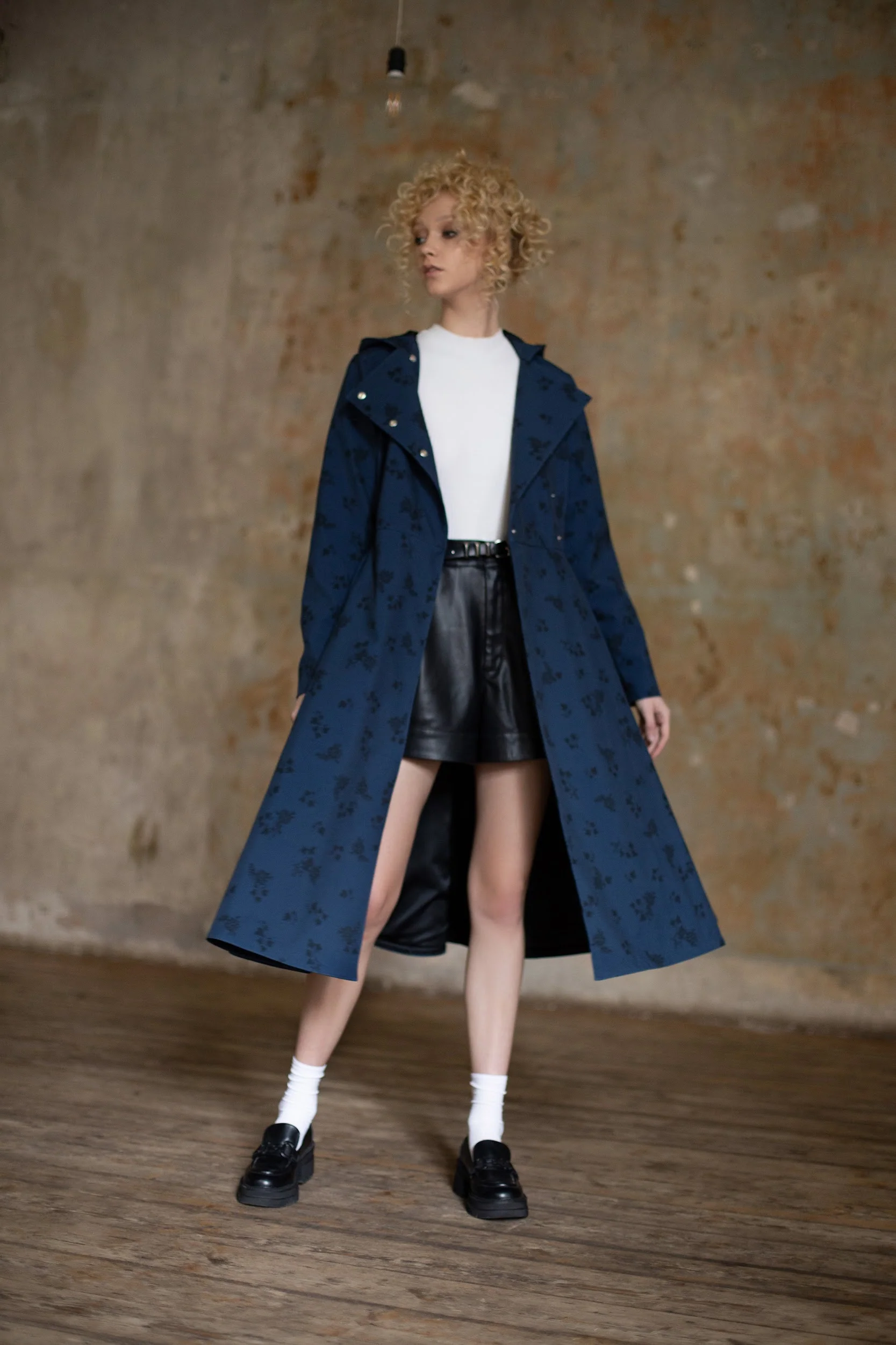 Double Breasted Trench Coat in Dark Blue with Black Floral Print | Blue Frost - Image 8