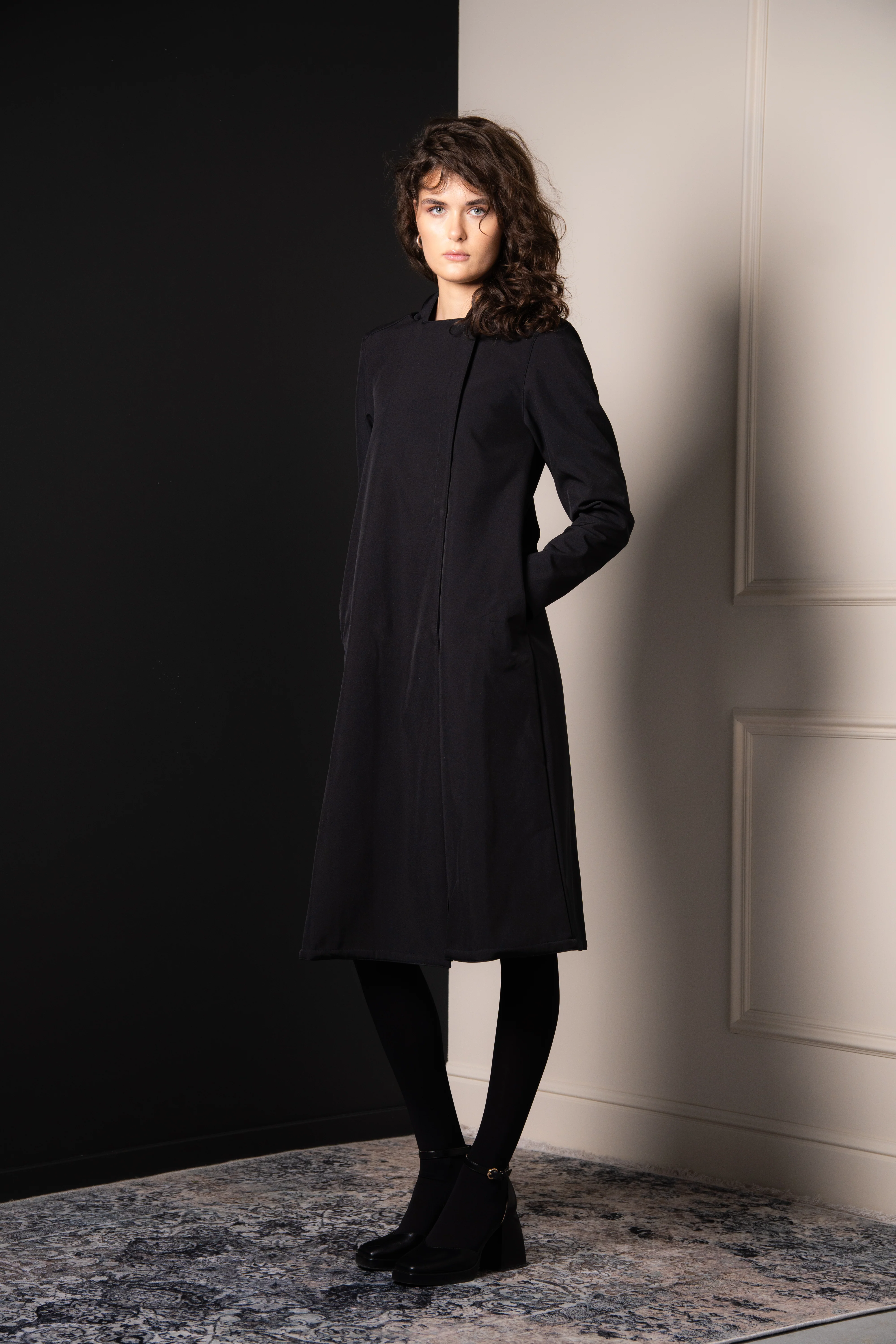 Double Breasted Coat with Trapeze Cut in Black | Black Classic - Image 9