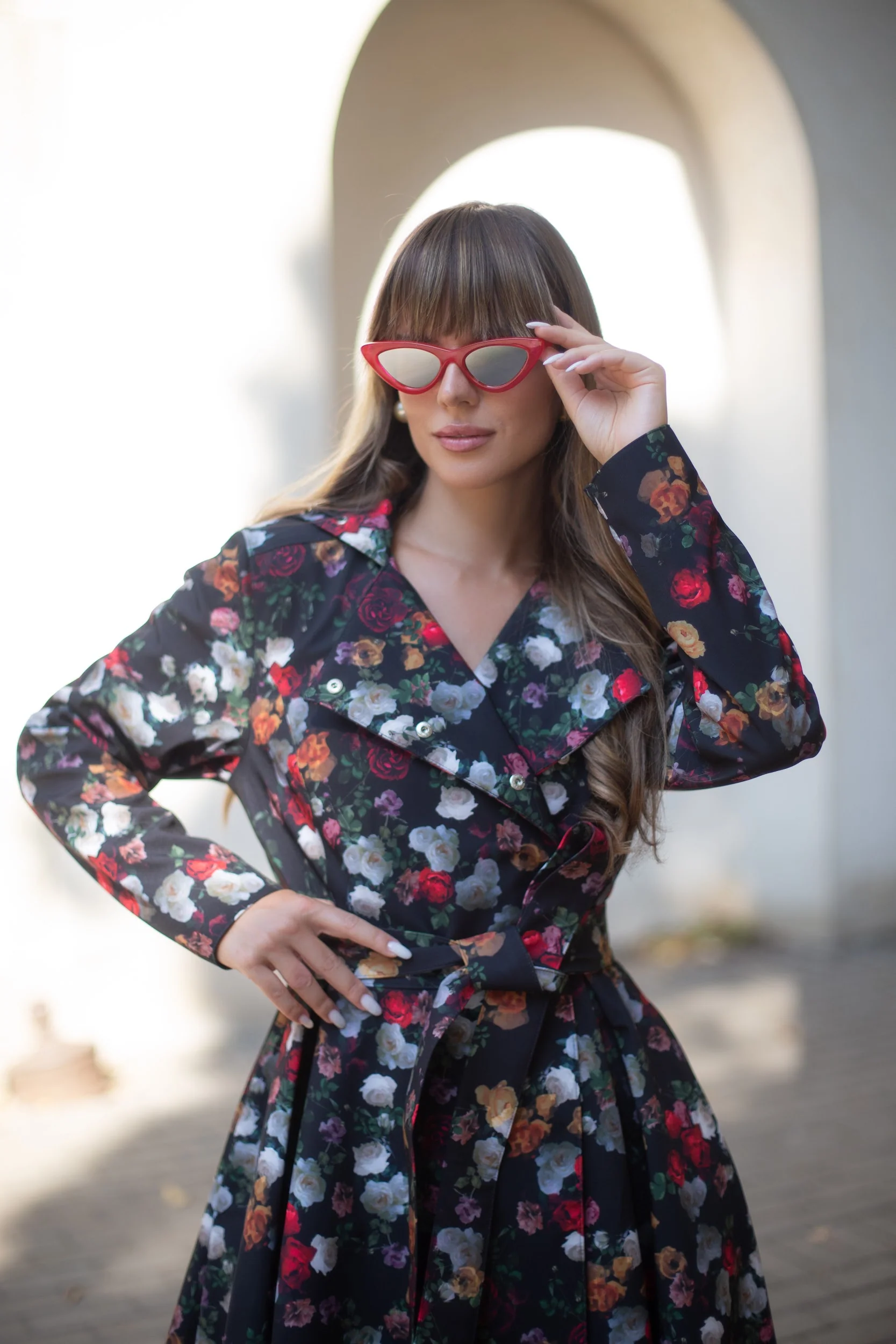 Double Breasted Trench Coat in Black and Red | Rose Garden - Image 7