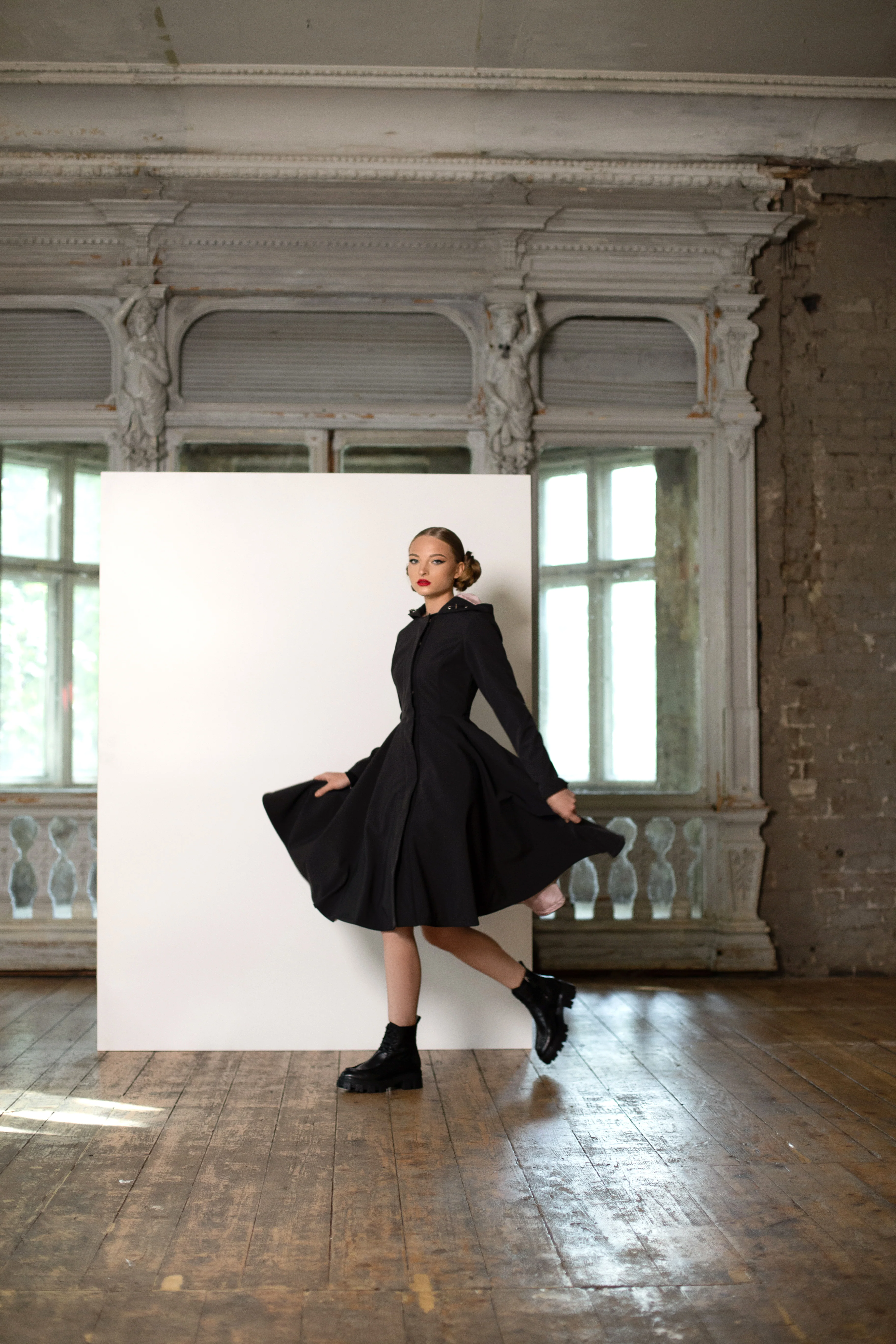 Fit and Flare Coat with Full Circle Skirts in Black and Ash Pink | Midnight Black - Image 4