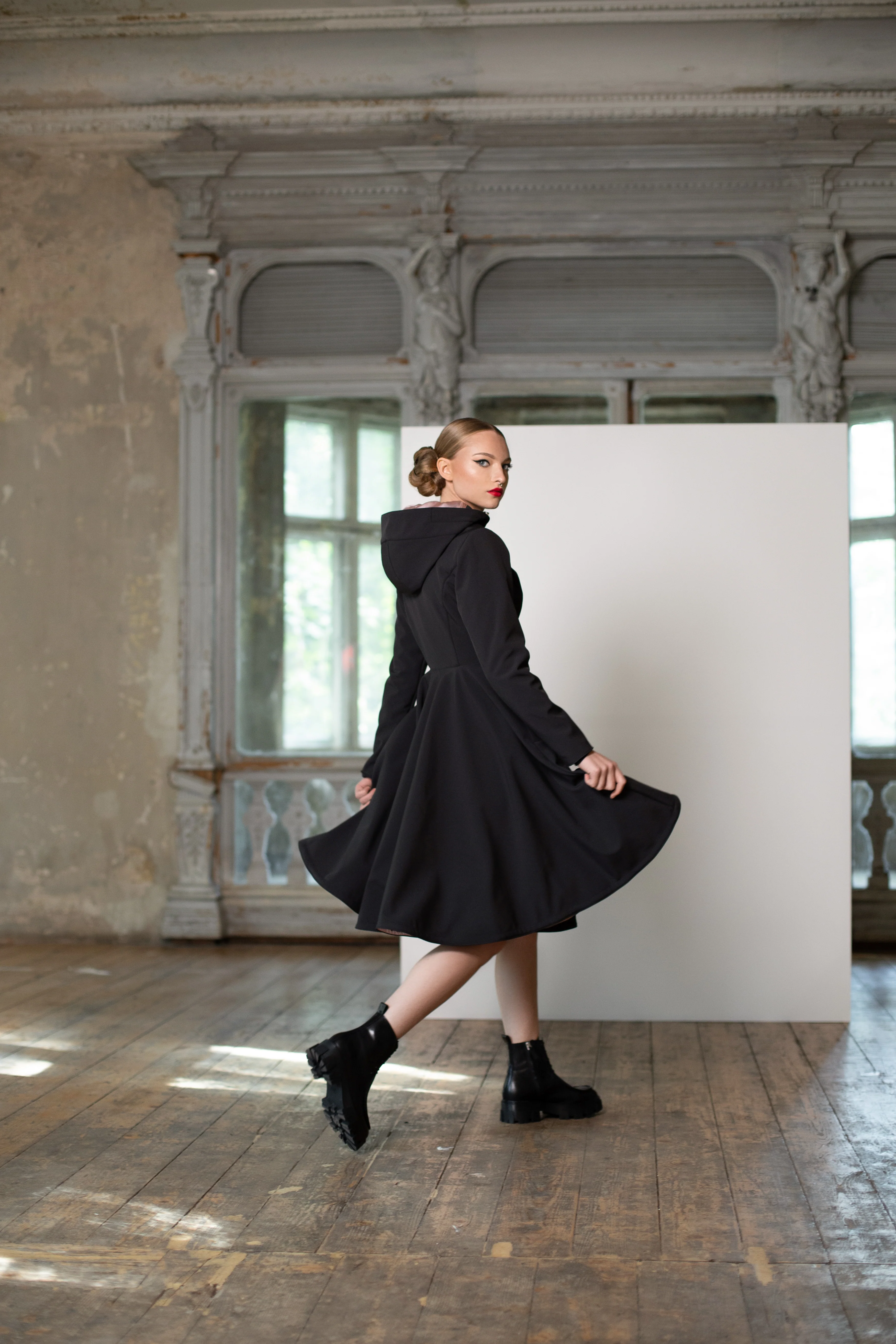 Fit and Flare Coat with Full Circle Skirts in Black and Ash Pink | Midnight Black - Image 5