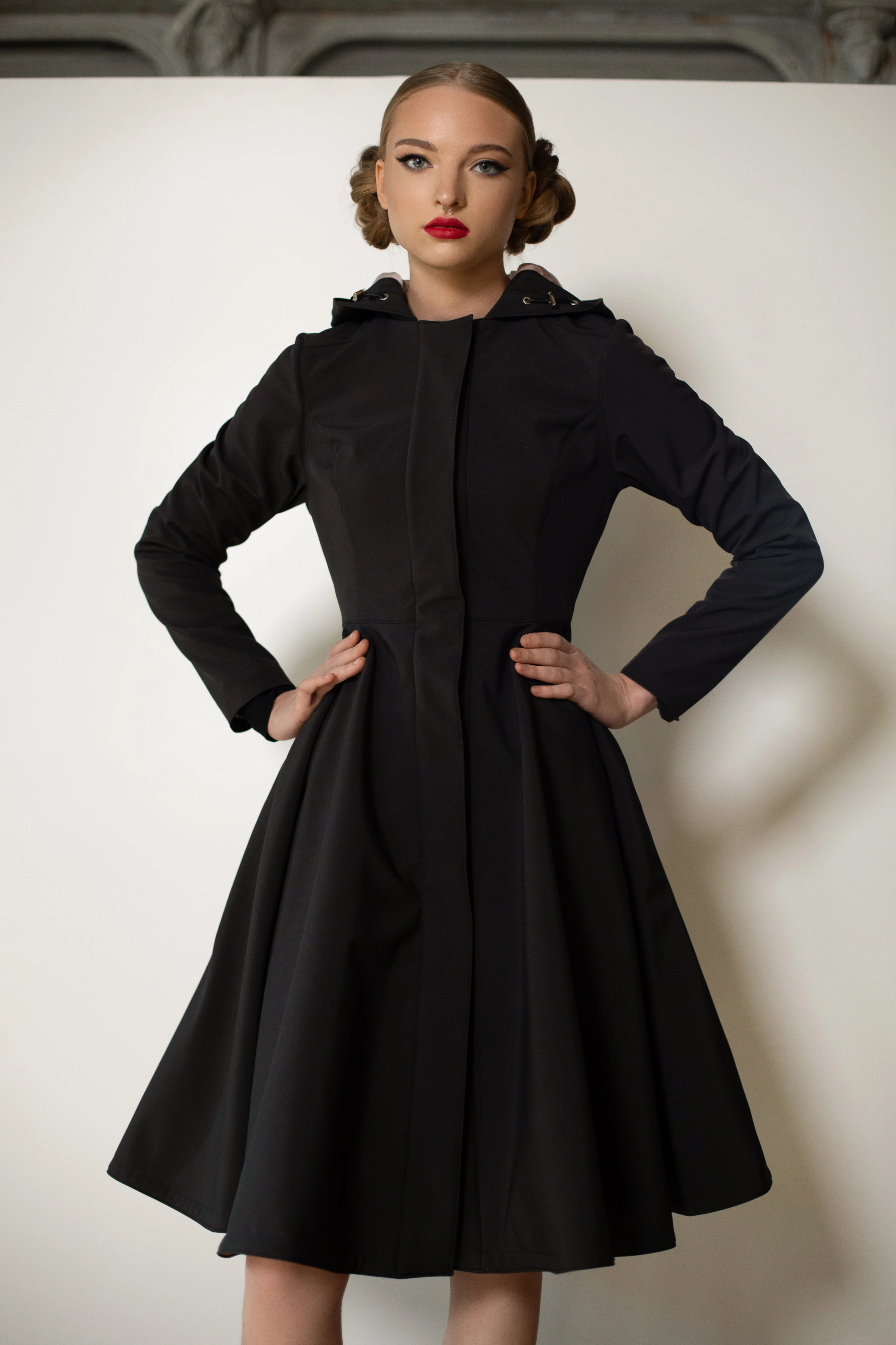 Fit and Flare Coat with Full Circle Skirts in Black and Ash Pink | Midnight Black - Image 6