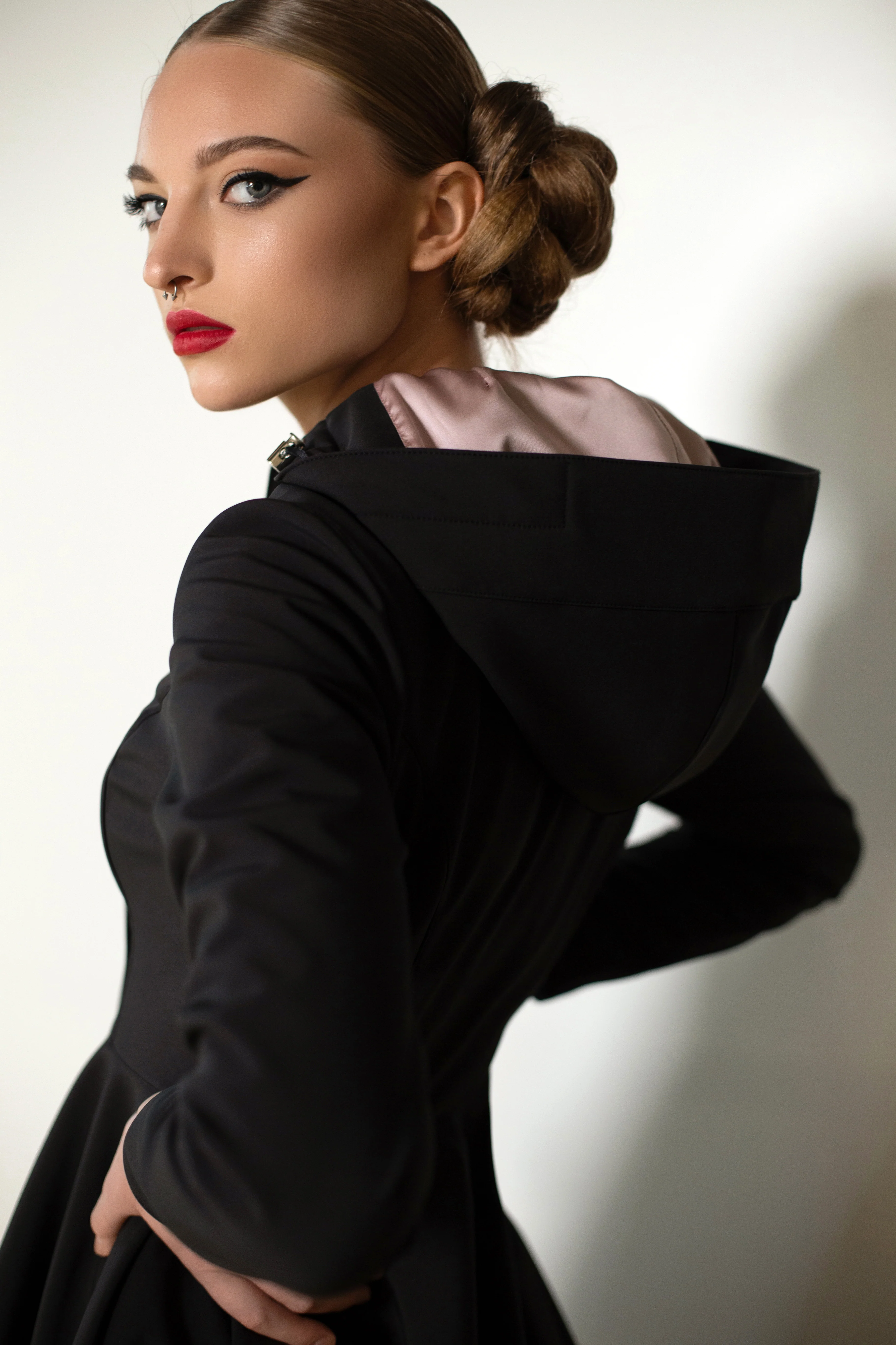 Fit and Flare Coat with Full Circle Skirts in Black and Ash Pink | Midnight Black - Image 7