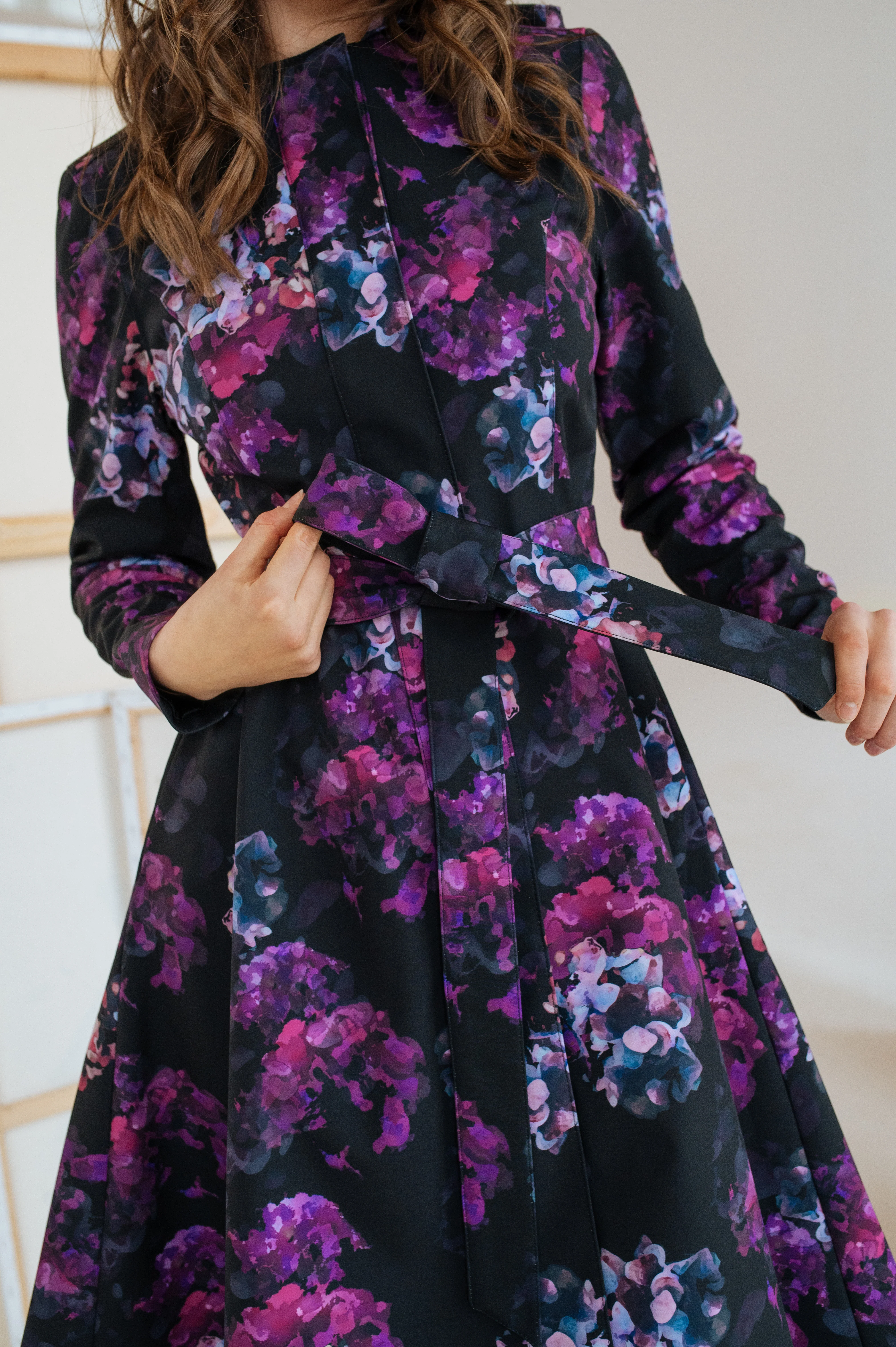 Fit and Flare Coat with A-Line Skirt in Black and Purple | Hortense - Image 5