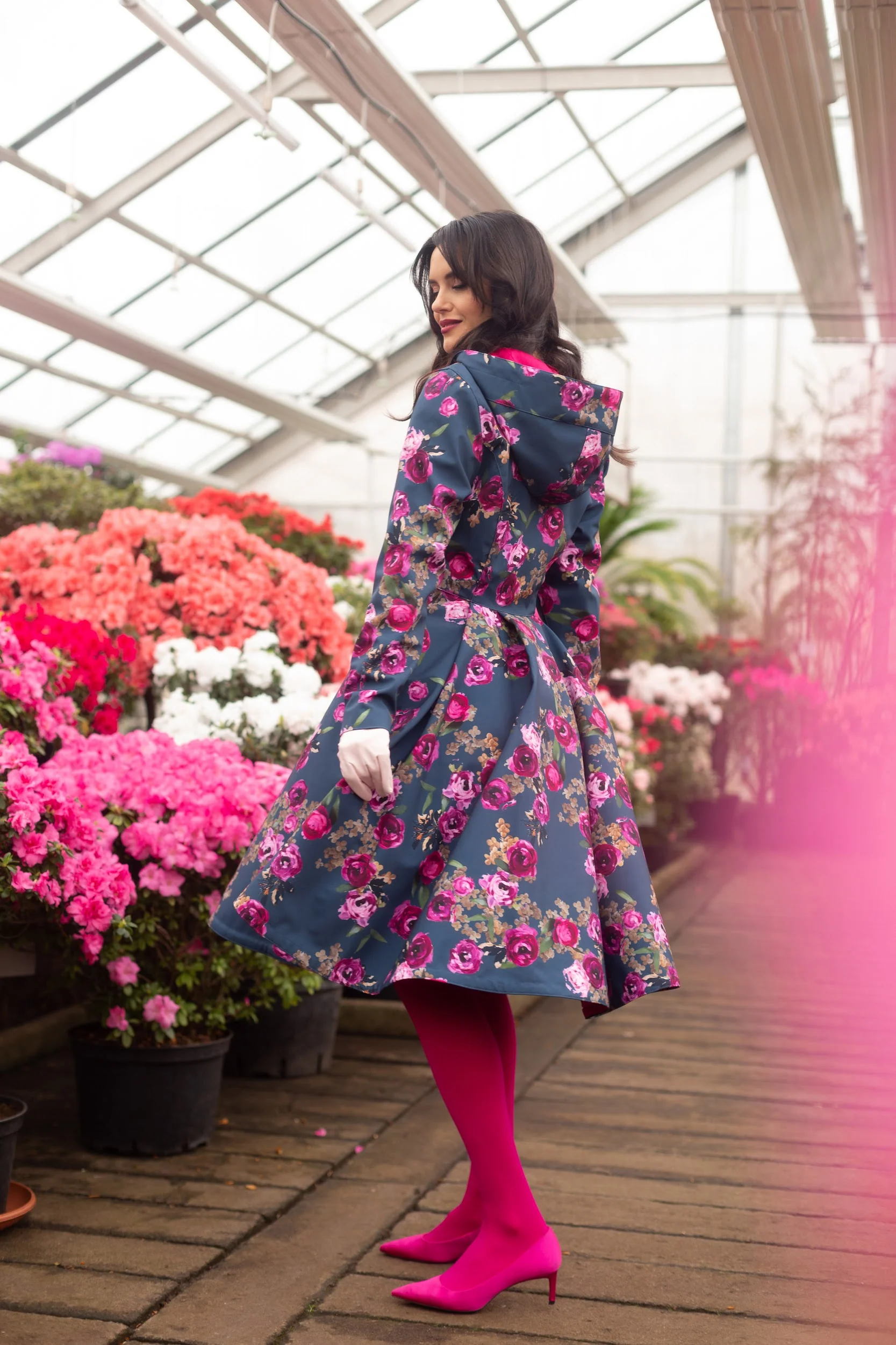 Fit and Flare Coat with Pleated Back in Blue and Pink | Misty Rose - Image 3