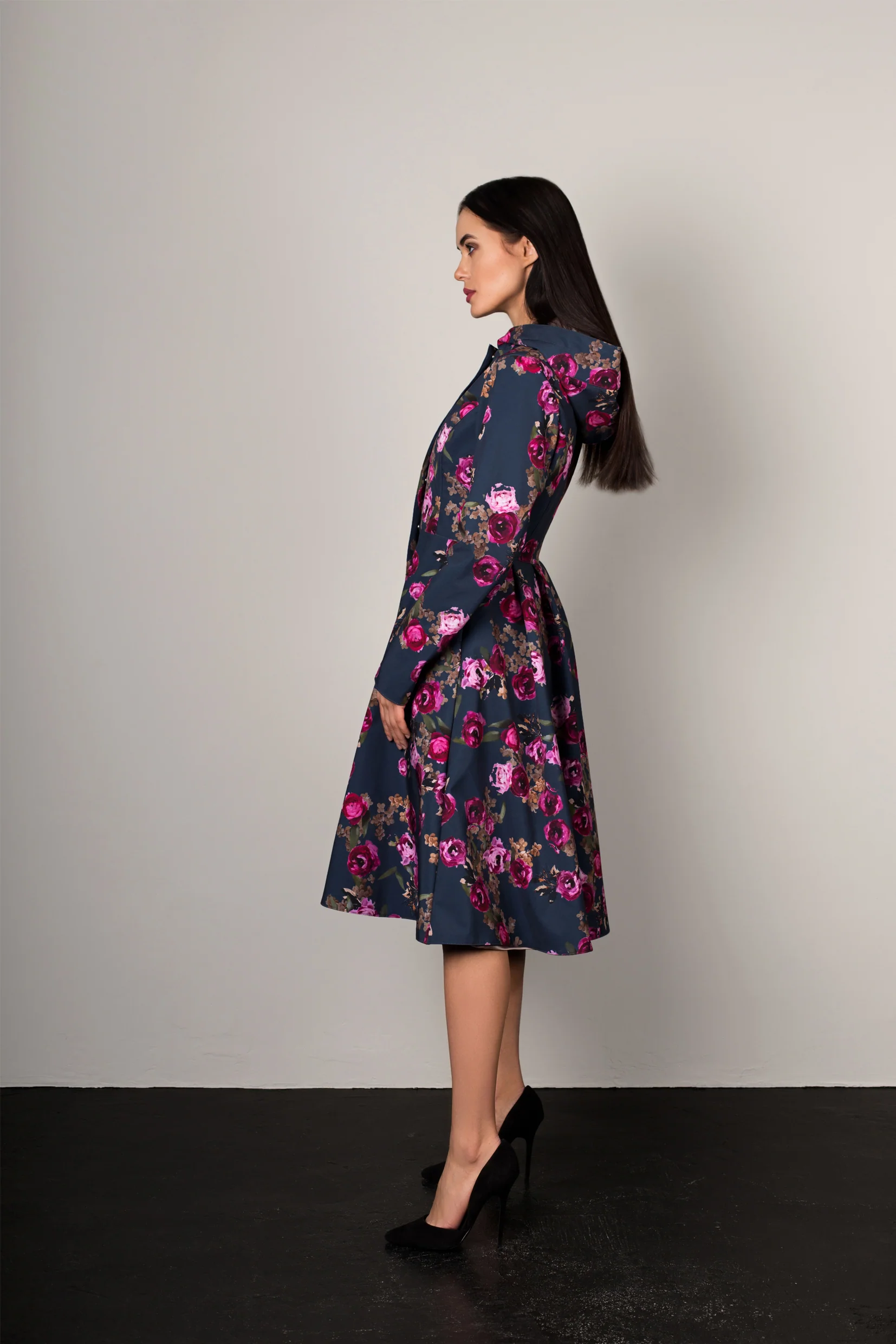 Fit and Flare Coat with Pleated Back in Blue and Pink | Misty Rose - Image 7