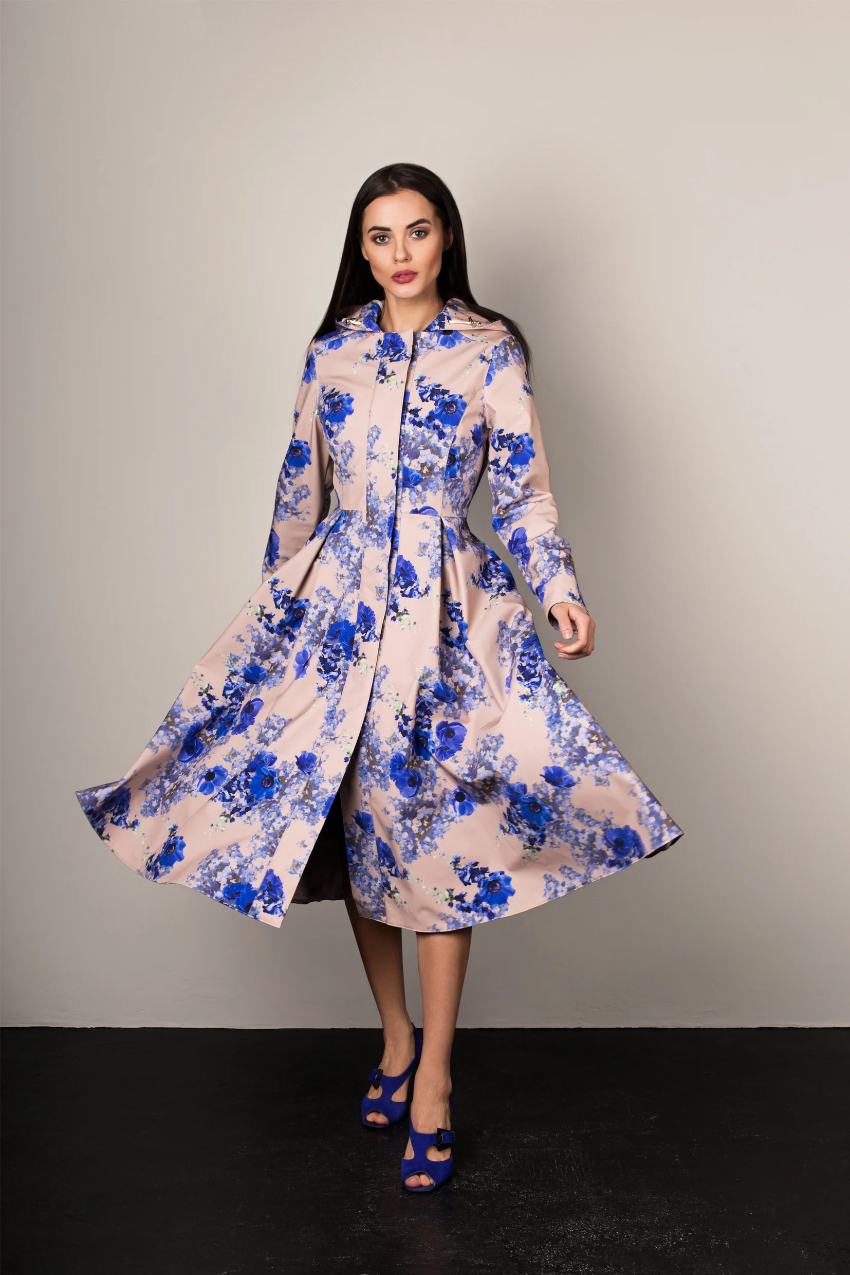 Fit and Flare Coat with Pleated Skirts in Beige and Blue | Cornflower Blue - Image 6