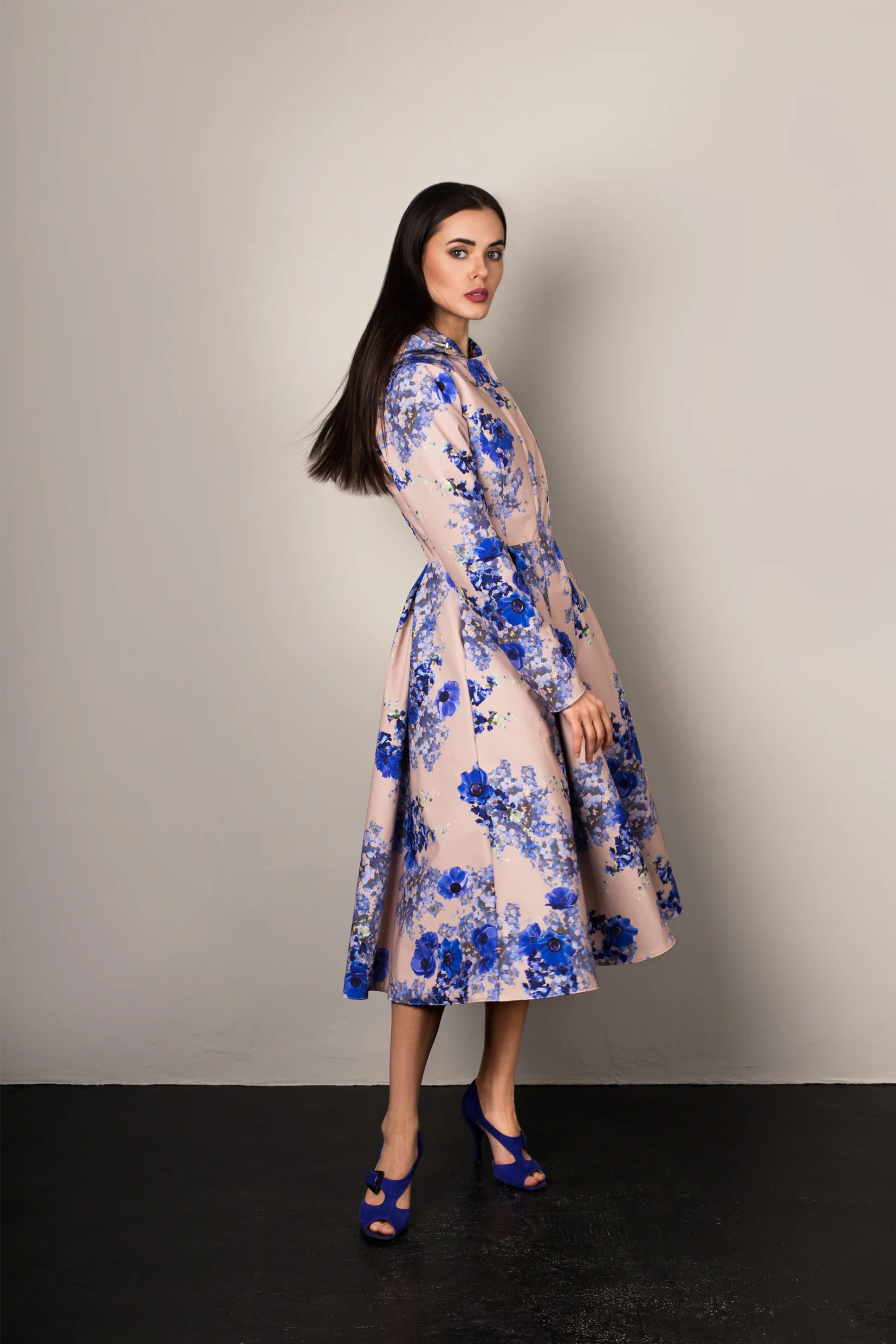 Fit and Flare Coat with Pleated Skirts in Beige and Blue | Cornflower Blue - Image 7