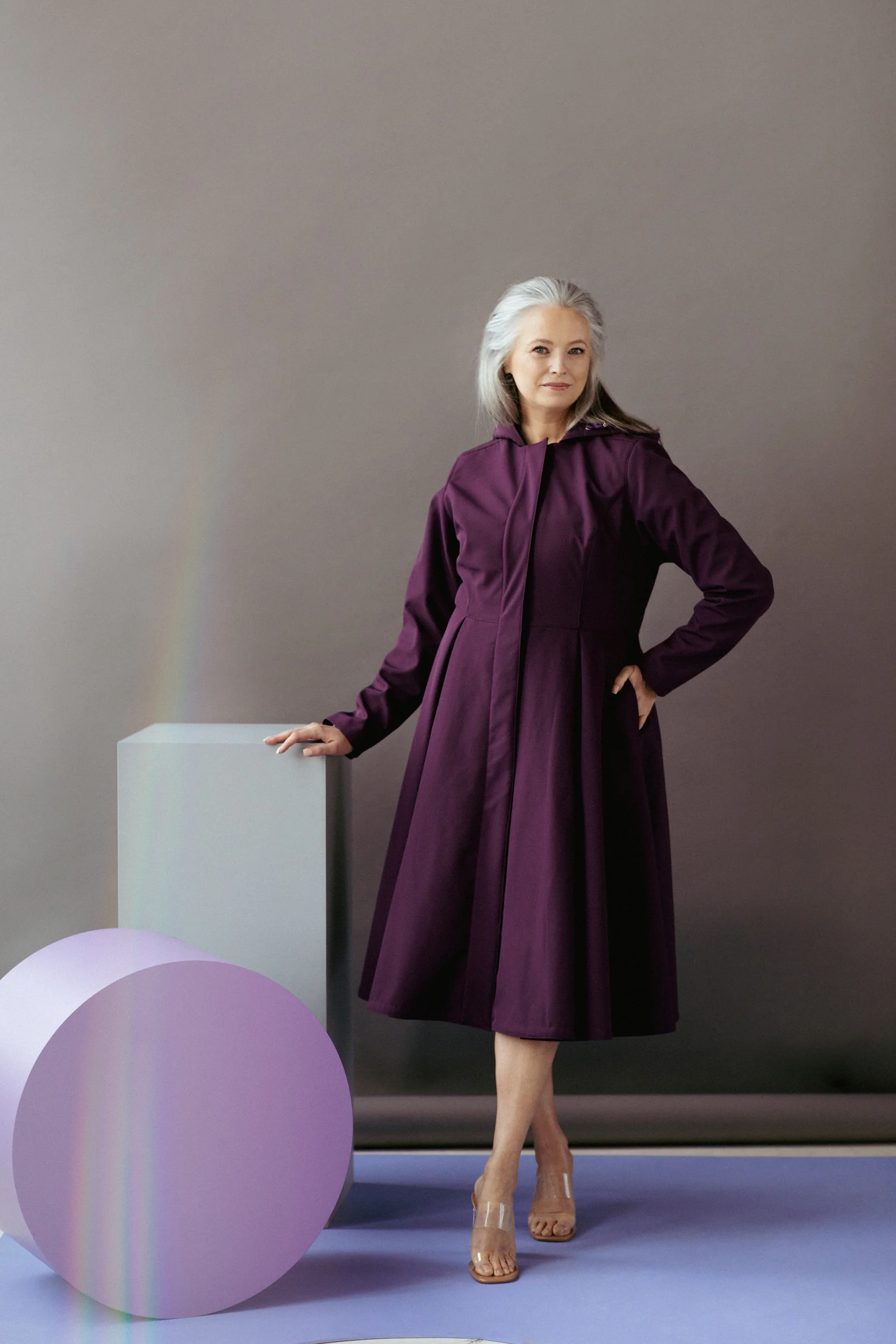Fit and Flare Coat with Pleated Skirts in Dark Purple | Ruby Purple - Image 7