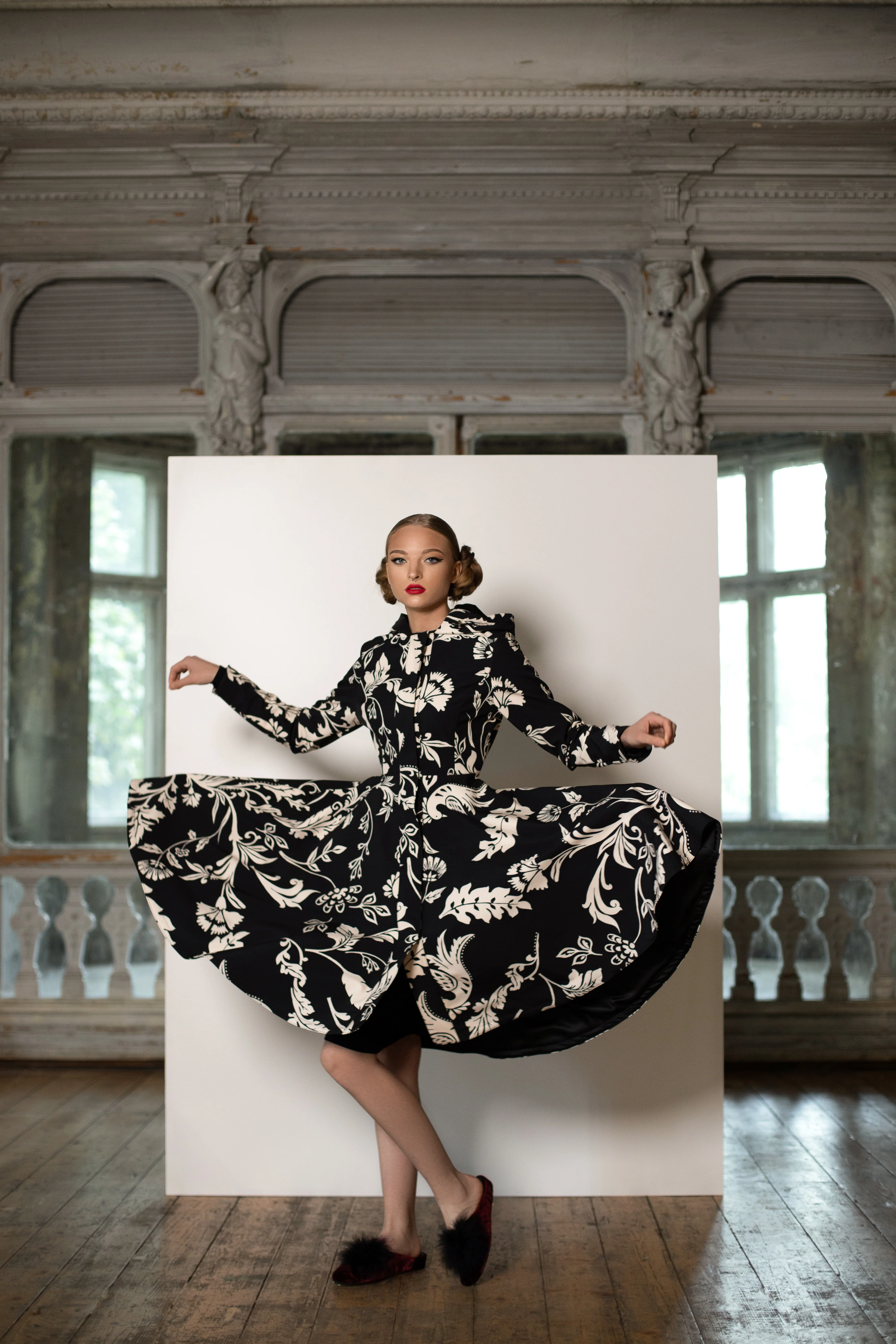 Fit and Flare Coat with Full Circle Skirt in Black and White | Blooming Night - Image 3