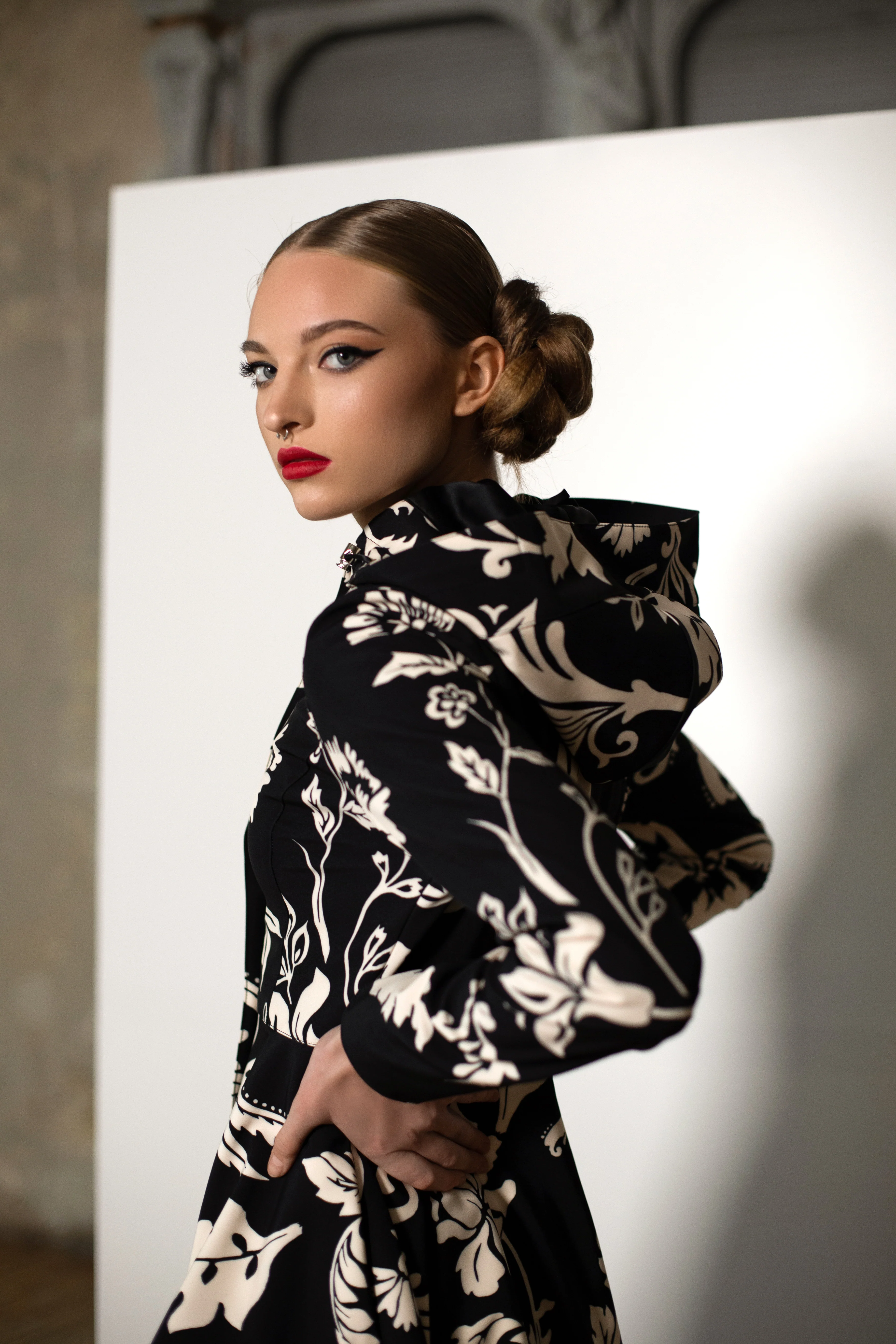 Fit and Flare Coat with Full Circle Skirt in Black and White | Blooming Night - Image 5