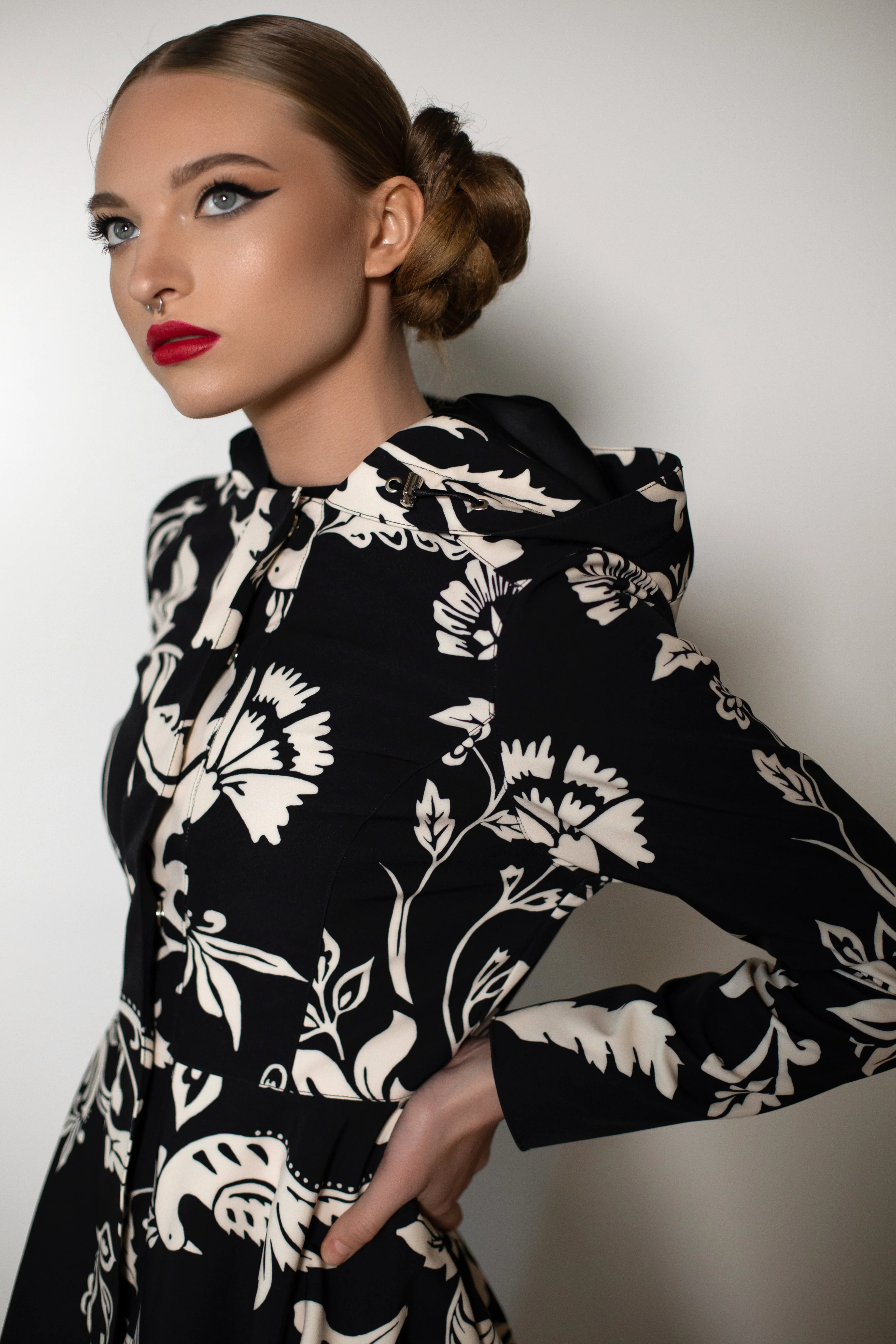 Fit and Flare Coat with Full Circle Skirt in Black and White | Blooming Night - Image 6