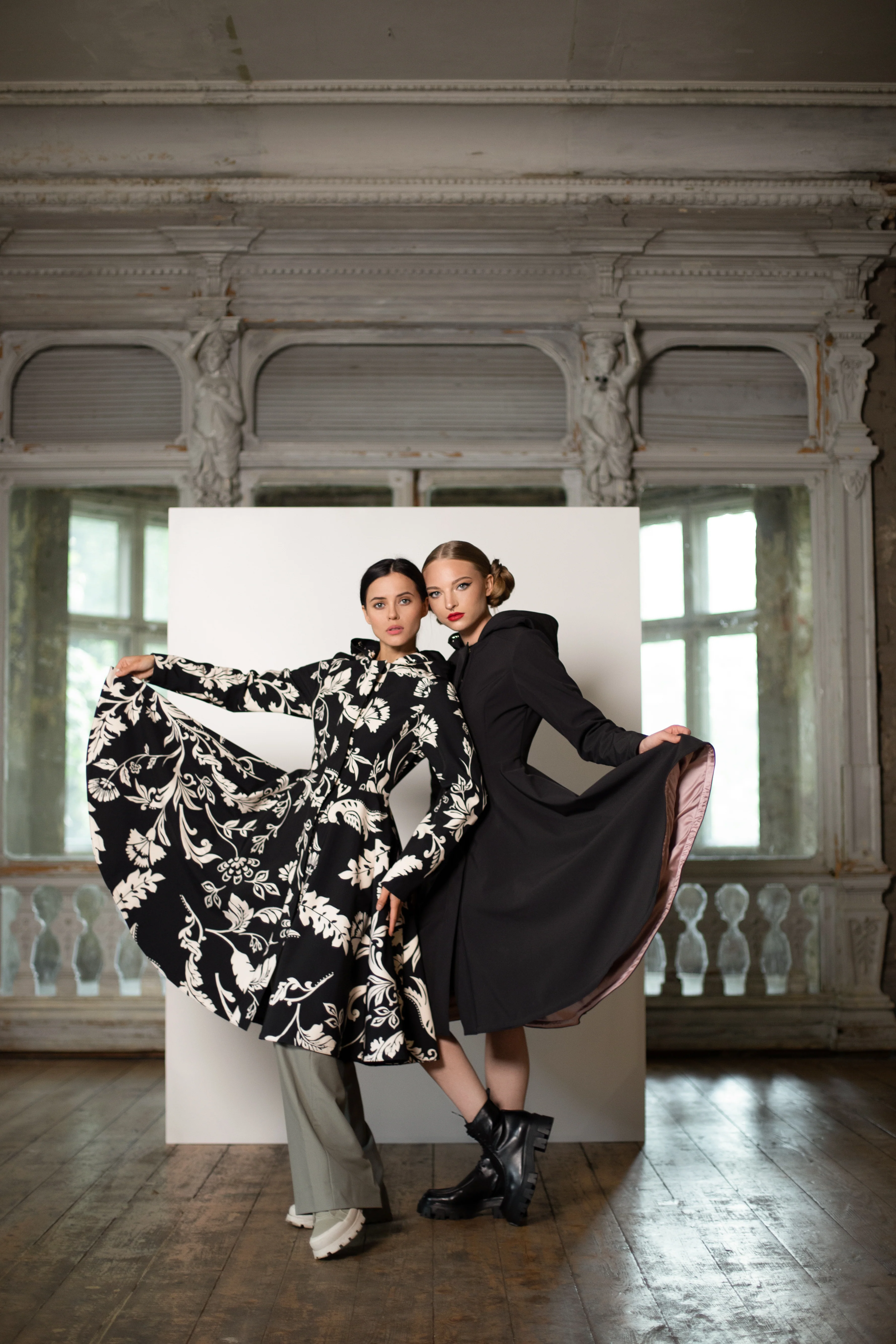 Fit and Flare Coat with Full Circle Skirt in Black and White | Blooming Night - Image 8