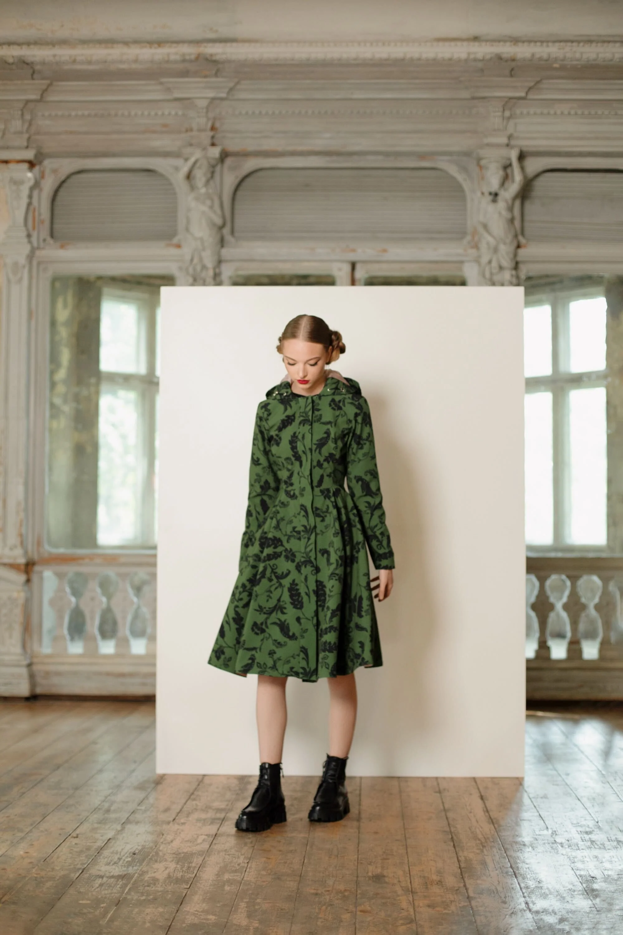 Fit and Flare Coat with Pleated Skirt in Green and Black | Forest Flower - Image 3