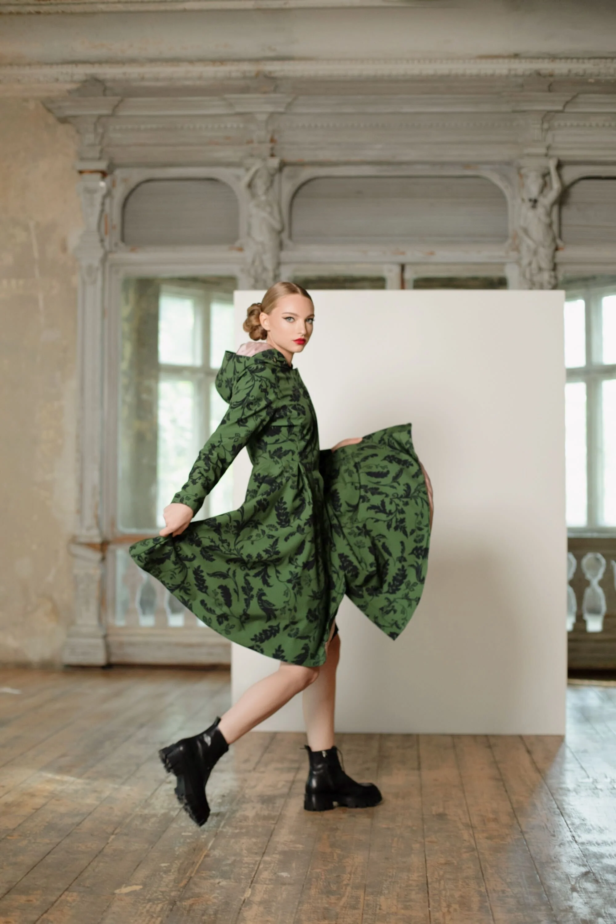 Fit and Flare Coat with Pleated Skirt in Green and Black | Forest Flower - Image 4