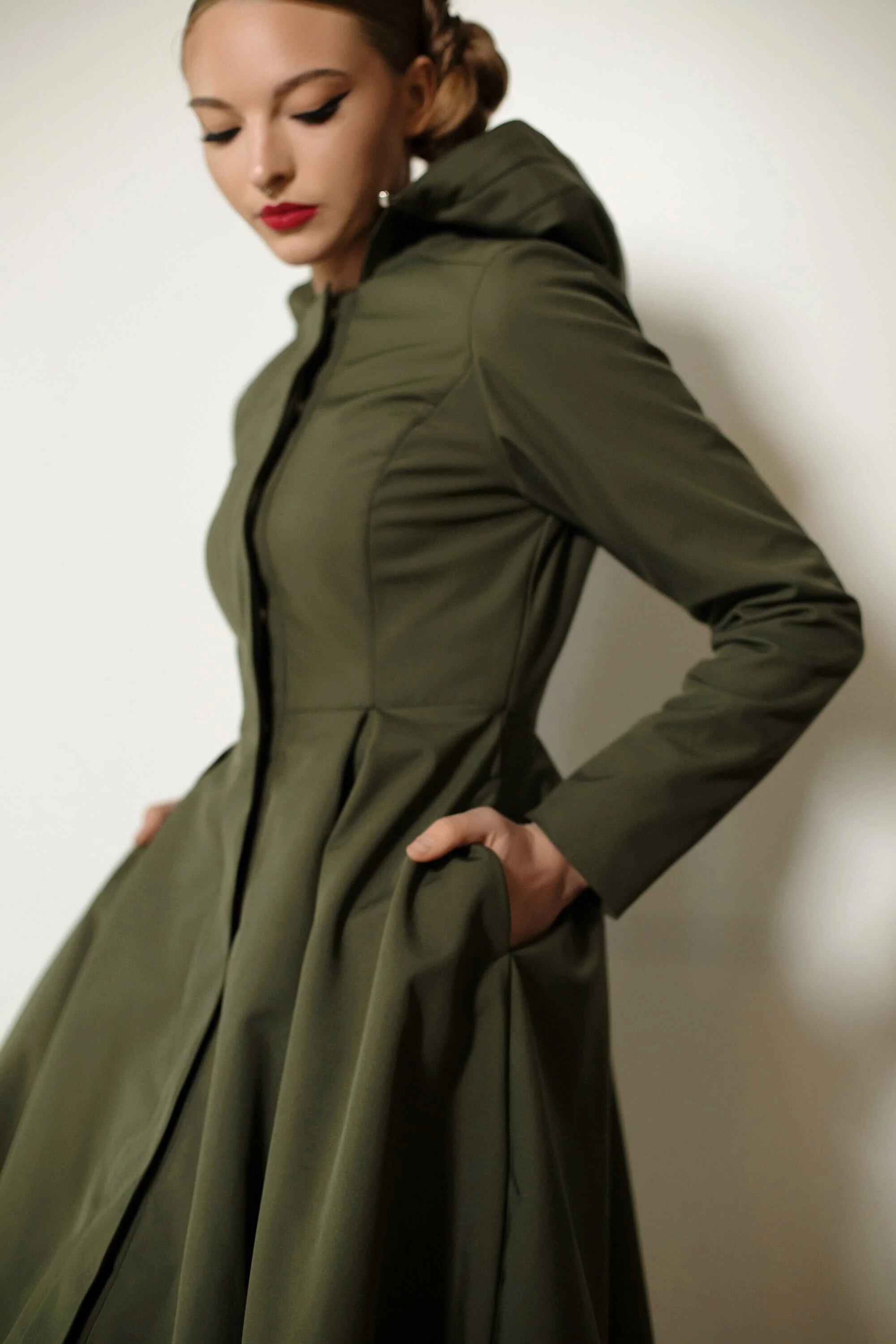 Fit and Flare Coat with Pleated Skirt in Khaki Green | Moss Green - Image 6