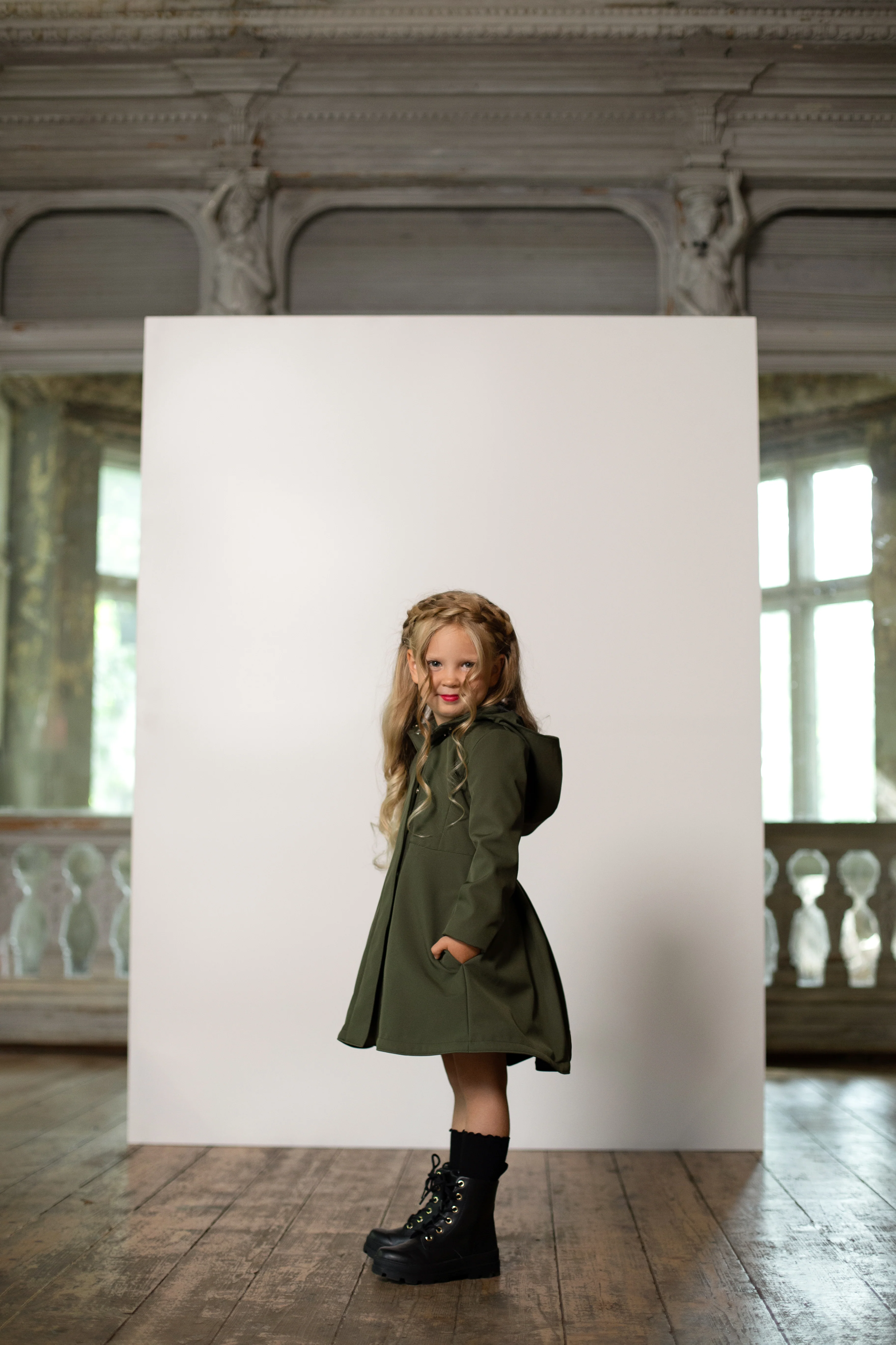 Girls' Khaki Green Coat with Hood | Moss Green - Image 3