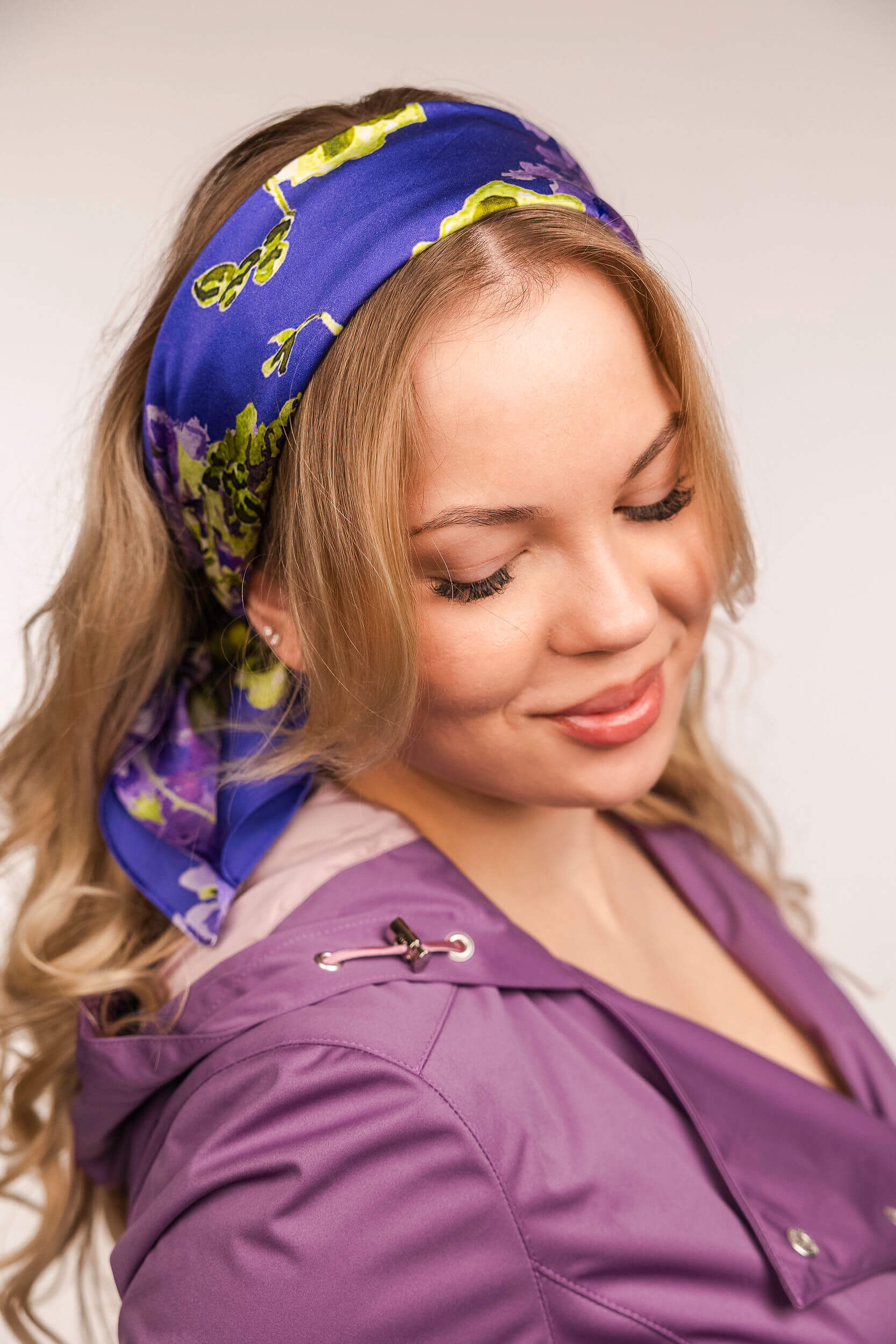 Medium Floral Natural Silk Scarf | Violet & Green - Image 3