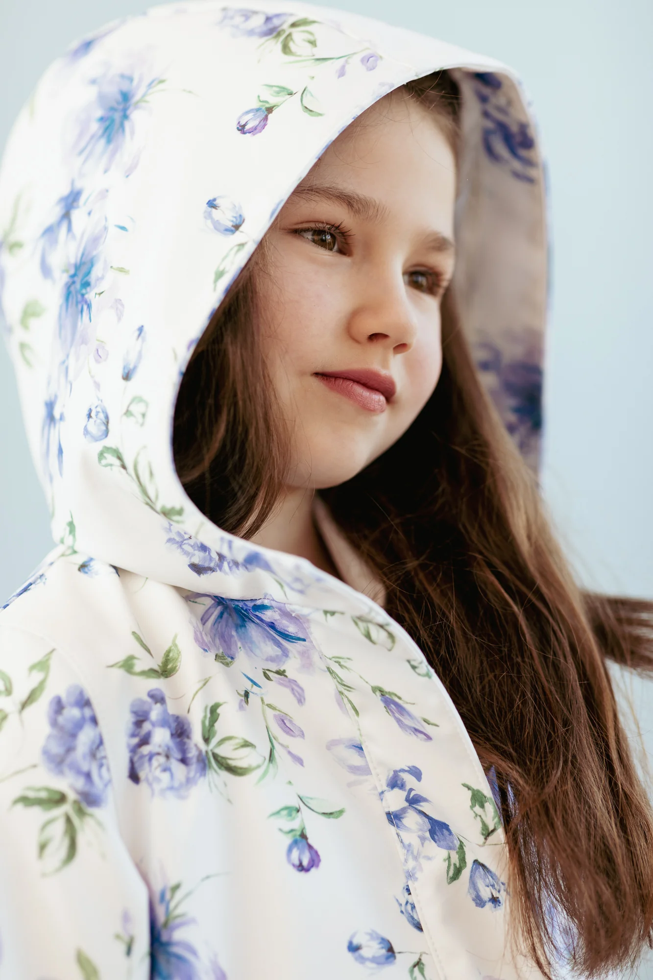 White Trapeze Coat for Girls with Blue Flower Print | Floral Dream - Image 5