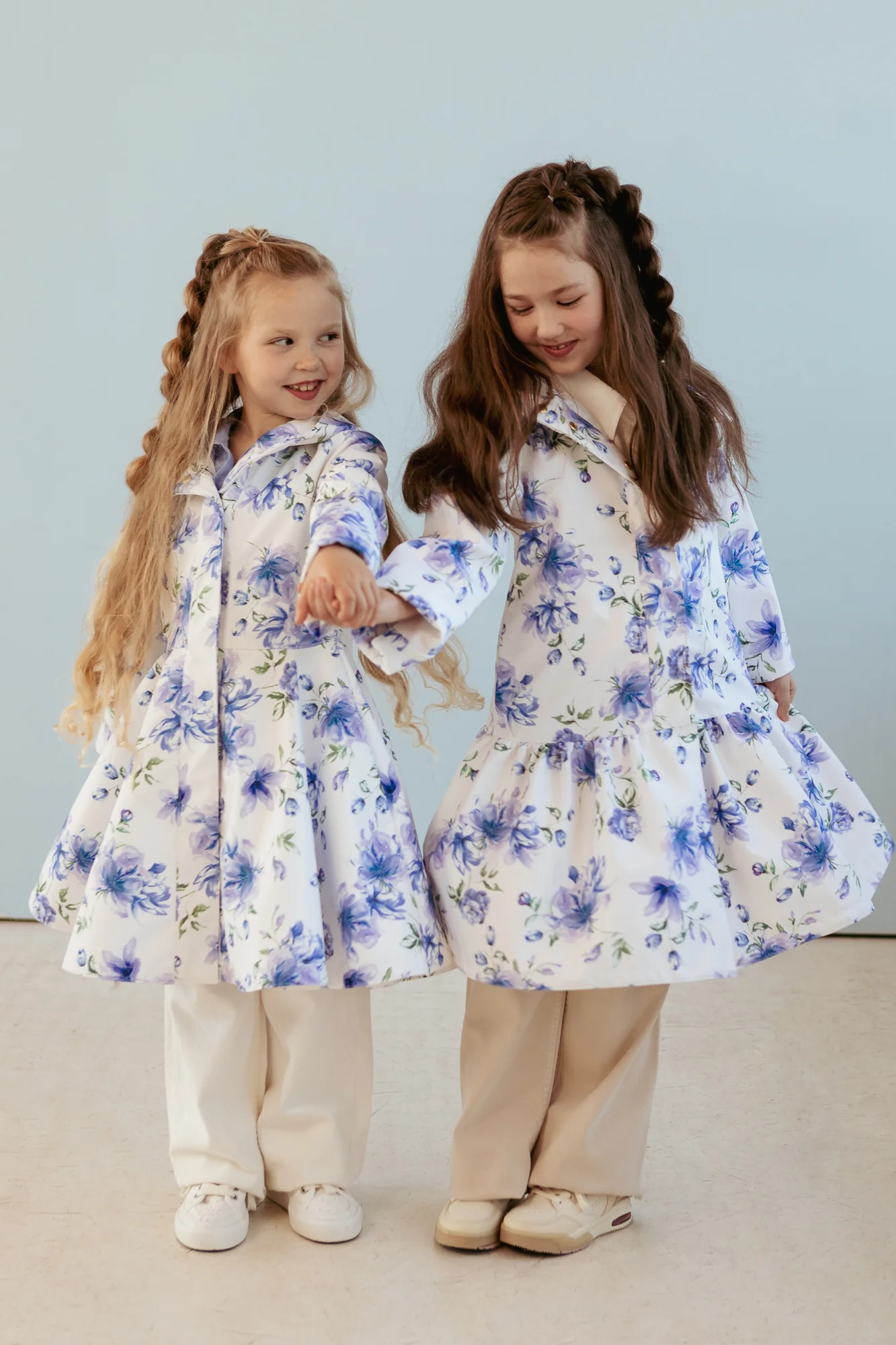 White Trapeze Coat for Girls with Blue Flower Print | Floral Dream - Image 7